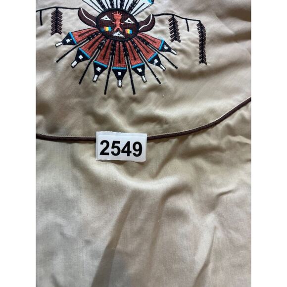 ELY‎ Mens XL Pearl Snap Button Up Shirt Tan Tribal mask Embroidered Rockabilly - Picture 7 of 7